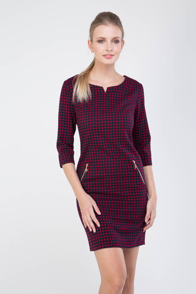 Фото товара 8845, бордовое платье в клеточку